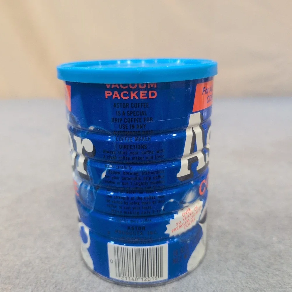 Vintage Astor Coffee Tin Metal Canister Blue 1971 Advertising Prop - Picture 2 of 5